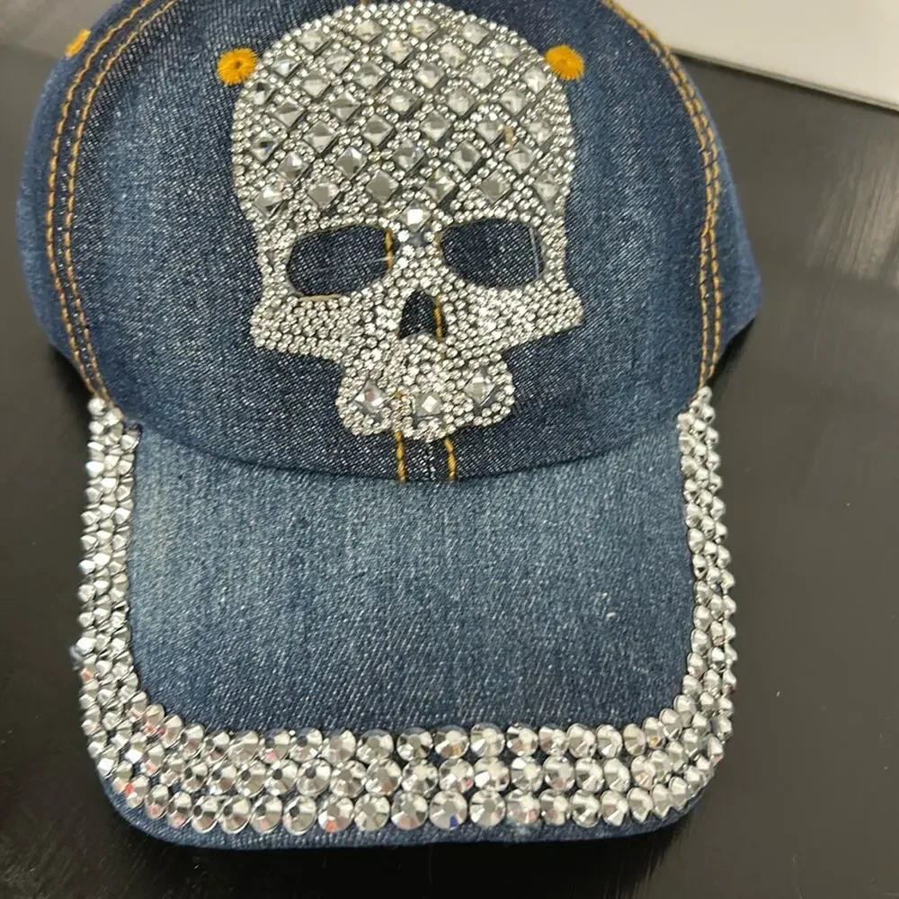 New Women's Skull Rhinestone & Blue Bling Baseball Cap Adjustable Fashion Hat